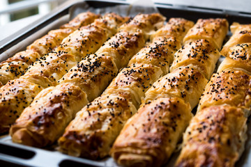 Turkish Borek with Sesame Seeds in Baking Tray / Burek