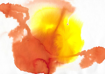 yellow and orangte acrylic and watercolor painting on paper texture art, abstract background, splashing, paint, ink, drop, stain