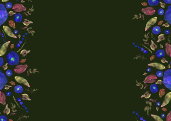 Painted watercolor composition with flowers and leaves. Frame of roses. Floral border. Can be used as invitation card for wedding, birthday, other holiday, summer background, poster, banner.