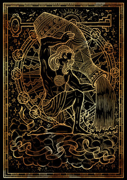 Zodiac sign Aquarius on black texture background. Hand drawn fantasy graphic illustration in frame. Hand drawn fantasy graphic illustration in frame