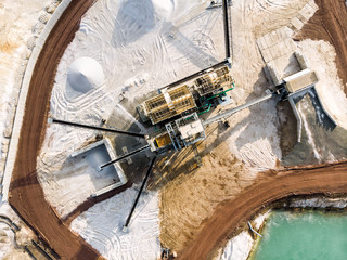 Aerial view of the processing plant with the sand fractionator at the edge of a quartz sand quarry...