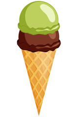 Colorful chocolate mint ice cream cone icon.