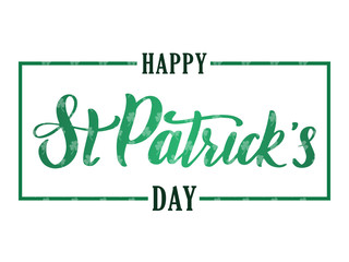 Greeting banner with handwritten elegant brush lettering composition of Happy St. Patrick's Day on white background. Vector illustration.