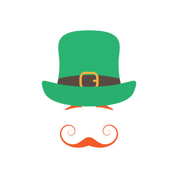 Irishman with orange graceful mustache and green hat on white background. St. Patrick's Day illustration.