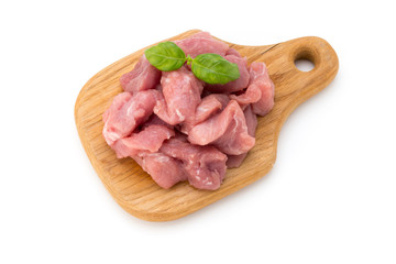 Raw chopped beef meat pieces isolated om white background cut out.