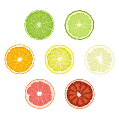 Fototapeta premium Set of isolated colored circle slices of bergamot, lime, lemon, orange, pomelo, bloody orange, pink grapefruit on white background. Realistic citrus fruit collection.