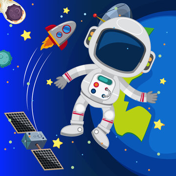 Astronaut and satellite in dark space