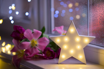 White LED star with pink tulips on warm bokeh background indoor