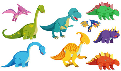 Different types of dinosaurs on white background