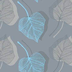 Hand drawn ivy leaves vector pattern in gray and turquoise blue colors palette on a gray background