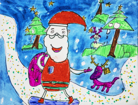 Childs watercolor drawing of Santa Claus