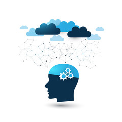 Machine Learning, Artificial Intelligence, Cloud Computing, Digital Support Assistance and Networks Design Concept with Clouds and Human Head