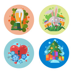 Happy holidays different icons vector holidays symbols decoration traditional celebration gift badge.