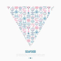 Seafood concept in triangle with thin line icons: lobster, fish, shrimp, octopus, oyster, eel, seaweed, crab, ramp, turtle. Modern vector illustration for restaurant menu.
