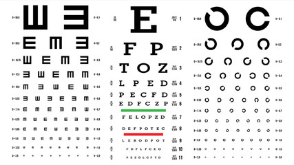 Eye Test Chart Vector. Vision Exam. Optometrist Check. Medical Eye Diagnostic. Different Types. Sight, Eyesight. Optical Examination. Isolated On white Illustration © PikePicture