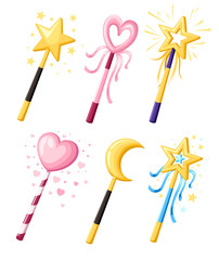 Set of cute decorative magic wands in various shapes. Magical girl cartoon power concept. Vector illustration isolated on white background. Web site page and mobile app design