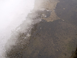 Spring thaw, snow and ice melting in rain.
