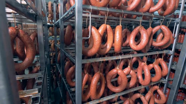 Salami, smoked sausages, thick and thin sausages are show hanging in a meat storage facility