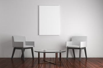 Bright living room with blank poster