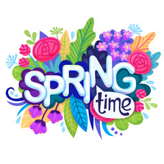 Inscription Spring Time on background with Colorful Flowers, Leaves and Grass. Floral Banner for Springtime Graphic Design. Blossoming Bouquet. Vector.