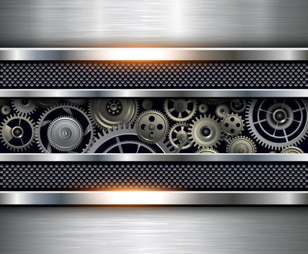 Technology background, silver metallic with gears inside