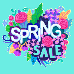 Spring Sale Design with Colorful Flowers, Colorful Flowers, Leaves and Grass in Background for Springtime Seasonal Promotion. Vector Illustration
