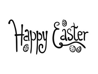 Black doodle handwritten Happy Easter logotype with eggs. Funny comic lettering Easter with sketch outline egg for greeting card, spring holiday invitation design