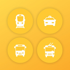City transport, public transportation round yellow icons with subway, taxi, bus, trolleybus