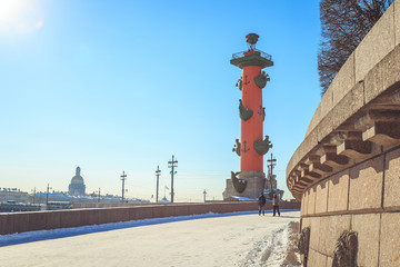 Fototapeta na wymiar Panorama of the Spit of the Vasilyevsky Island in St. Petersburg on a winter sunny day