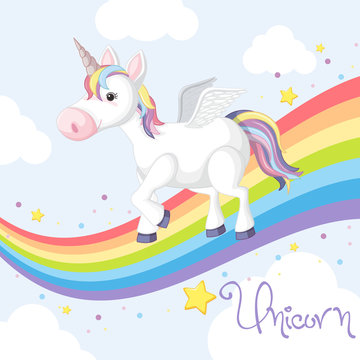 Cute unicorn standing on rainbow