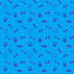 seamless pattern with gym icons, dumbbells, kettlebells, jumping rope, blue background