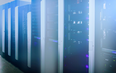 Obraz premium Server room. Web internet and network telecommunication technology, big data storage and cloud computing computer service business concept.
