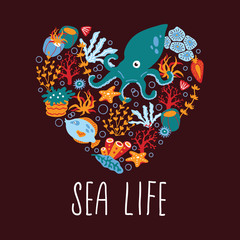 Vector hand drawn heart print with sea animals and plants