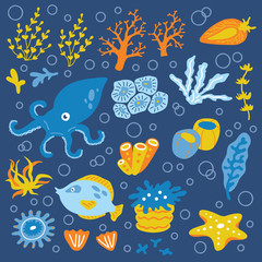 Vector set of hand drawn ornate underwater animals and sea plant