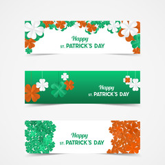 Set of St Patrick's Day Vector banners with shamrock. Lucky spring symbol. Paper Clover flowers in Irish flag colors - green, white and orange.  Border and frame - stock vector