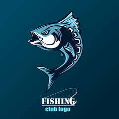 Angry tuna fish logo. Tuna fishing emblem. Big eye tuna. Angry fishing club logotype.