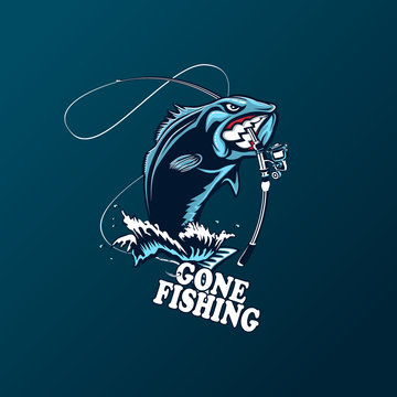 Fishing logo. Bass fish with rod club emblem. Fishing theme vector illustration. Isolated on white.