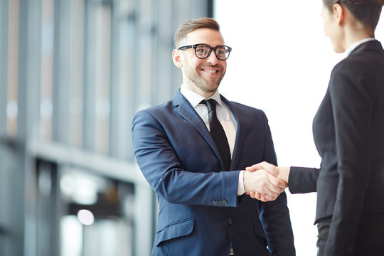Elegant successful businessman greeting his new partner or client by handshake