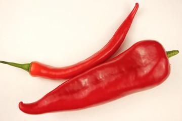 Two red peppers on a white background