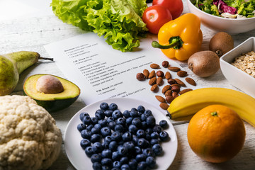 balanced diet plan with fresh healthy food on the table - obrazy, fototapety, plakaty