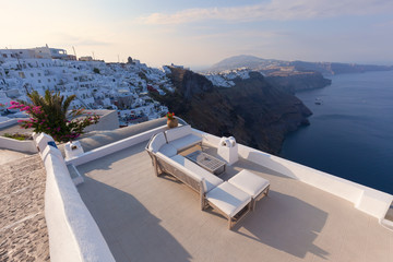 Romantic view on Santorini island at sunrise