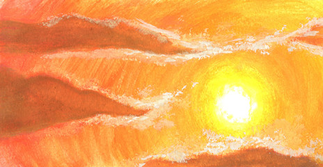 Orange sunset among clouds in watercolor.