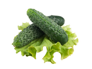 Fresh green lettuce and cucumbers isolated on white background