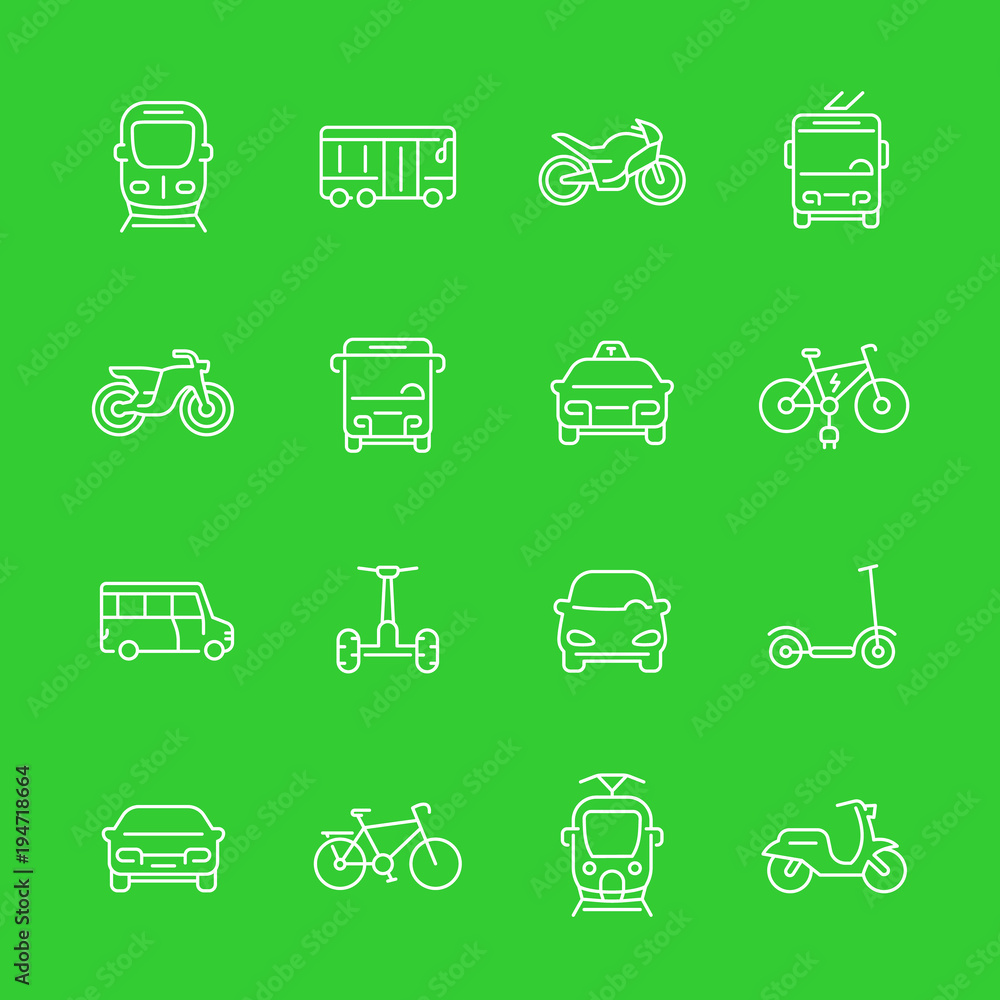 Sticker City transport, transit van, cab, bus, taxi, subway, train, bikes, scooters, line icons set