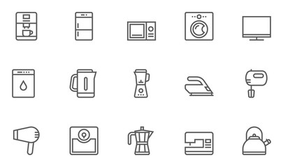 Household Appliances Line Icons contains Washing Machine, Kettle, Microwave Oven, Hob, Blender, Fridge, Coffee Maker and more. Editable Stroke. 48x48 Pixel Perfect.
