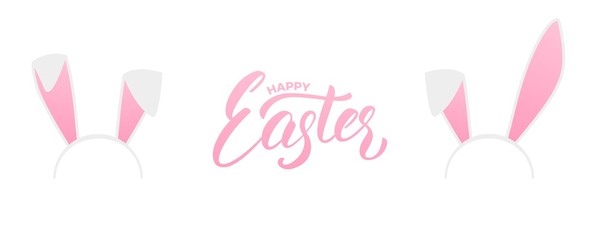 Easter. Bunny ears head mask and Happy Easter script lettering. Easter holiday design element
