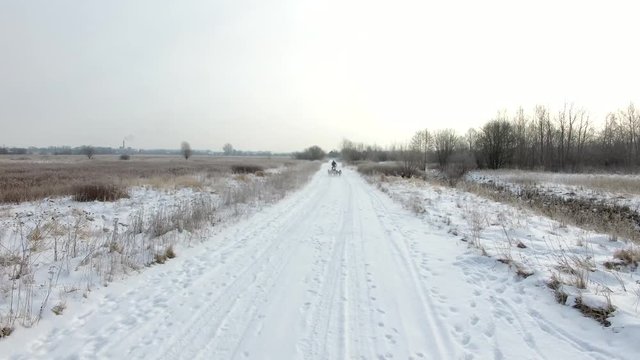 Training sled dogs on rural road in winter, aerial view