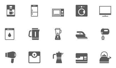 Household Appliances Icons contains Washing Machine, Kettle, Microwave Oven, Hob, Blender, Fridge, Coffee Maker and more.