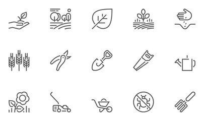 Set of Gardening Line Icons with Seeding, Flowers, Tools and more. Editable Stroke. 48x48 Pixel Perfect.