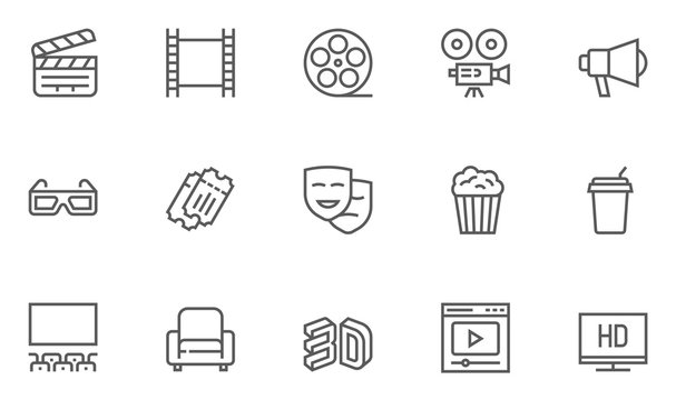 Set of Cinema, Movie and Entertainment Vector Line Icons with Movie Theater, Film Strip, Popcorn, Video Clip, 3d Glasses and more. Editable Stroke. 48x48 Pixel Perfect.